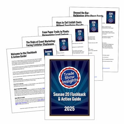 A set of six pages titled "Trade Show Insights Season 20 Flashback & Action Guide 2025"