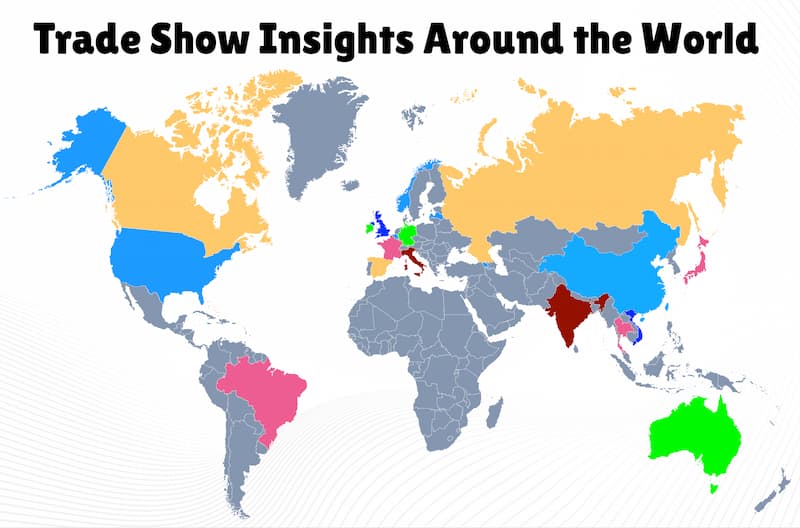 A world map titled "Trade Show Insights Around the World," with various countries highlighted in different colors.
