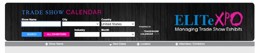 Screenshot of a trade show calendar search form, with fields for show name, city, country, industry, and month, alongside “Search” and “All Exhibitions” buttons with the ELITeXPO logo